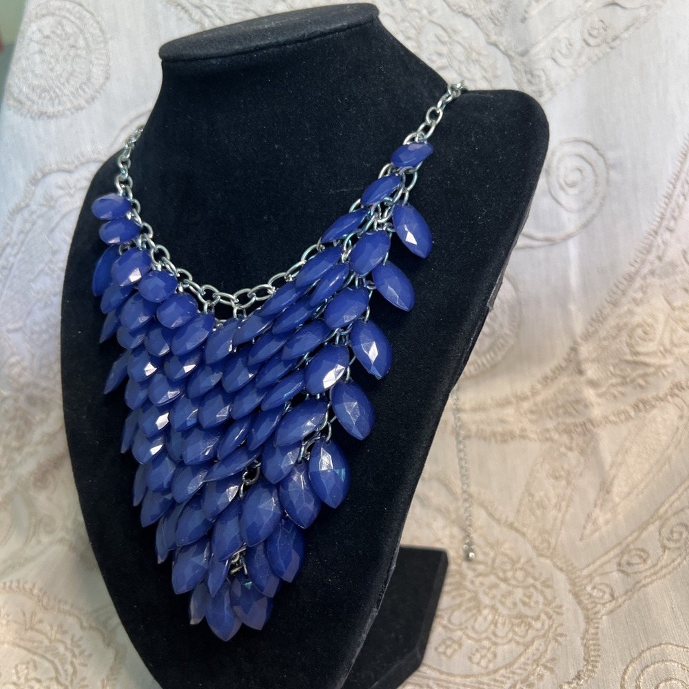 Statement Blue Bib Necklace Silver Tone 19 In Adjustable - Picture 3 of 4